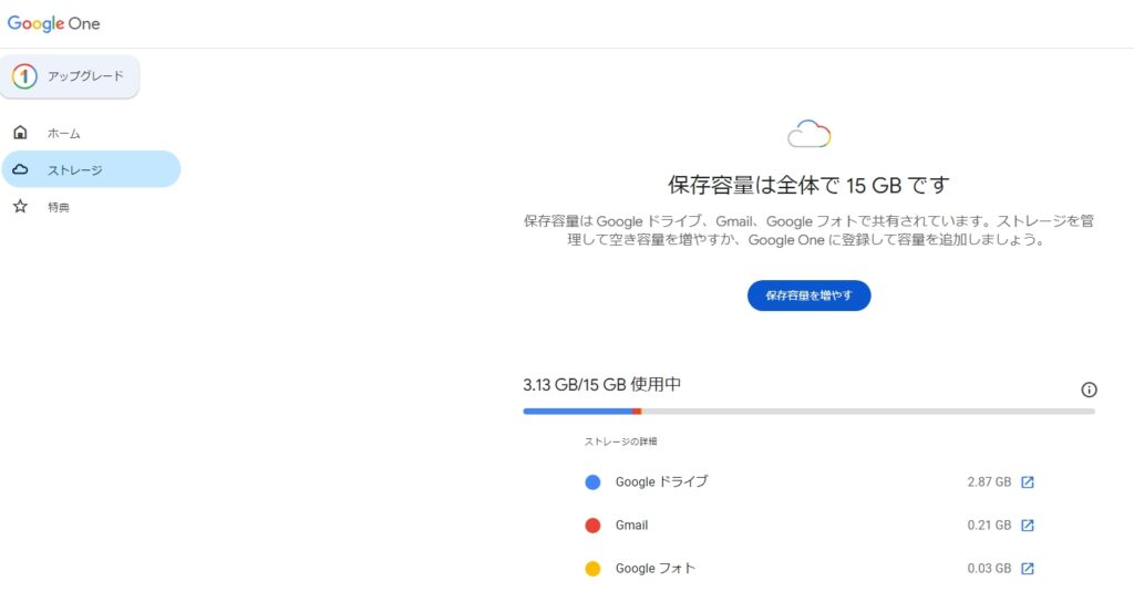 Google One ストレージ。Googleドライブ、Gmail、Googleフォトで構成されている。この画像はいちえパソコン家庭教師の中嶋のGoogle One ストレージ。