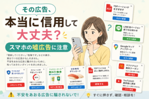 スマホの嘘広告や偽の更新警告に注意を呼びかけるイラスト