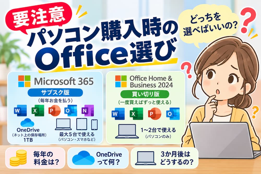 パソコン購入時のOffice選びに注意。Microsoft 365のサブスク版とOffice Home & Business 2024の買い切り版の違いを比較し、どちらを選ぶべきか悩む女性のイラスト。